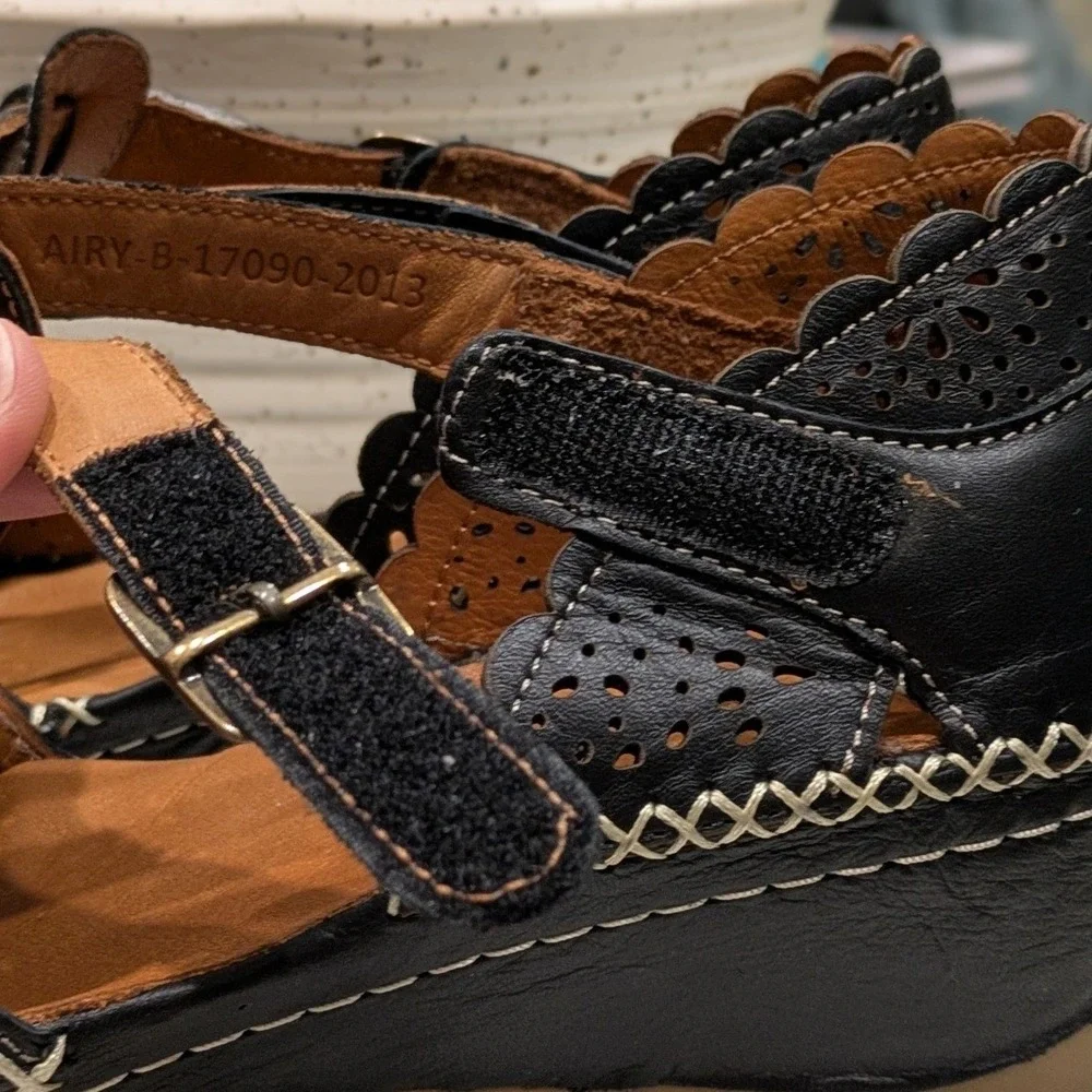 Spring Step Patrizia Airy Wedge Leather T-Strap Flats Black Laser Cut Comfort